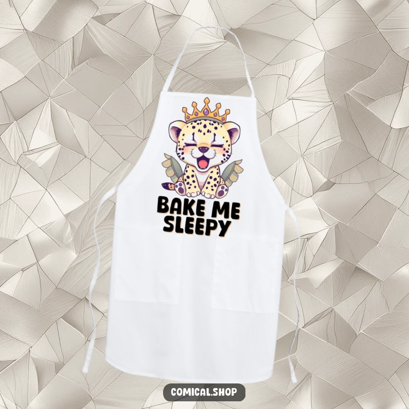 Funny sleepy cheetah cub in a feathered crown yawning, this apron brings cozy humor to the kitchen.