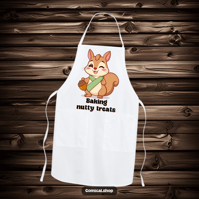 Funny Squirrel Sash Apron featuring a cheerful squirrel wearing a sash, holding a shiny acorn, perfect for cooking.