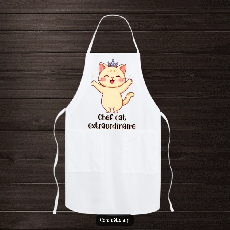 Funny Cat Tiara Apron featuring a happy cat with a sparkling tiara, doing a graceful twirl, perfect for cooking.