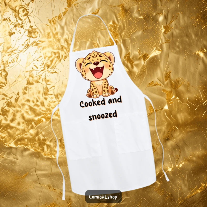 Funny apron designed with a cheetah cub mid-yawn, showing a wide, happy smile, ideal for kitchen fun and relaxed cooking.