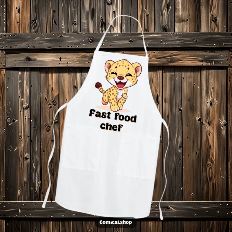 Funny apron illustrating a cheetah cub in a comical and joyful pursuit of its own tail while cooking or baking.