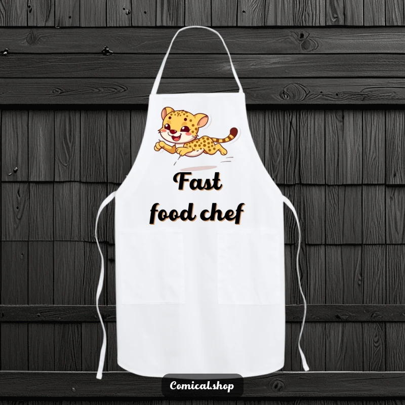 Funny smiling cheetah sprinting with effortless grace on an apron, ideal for cooks.
