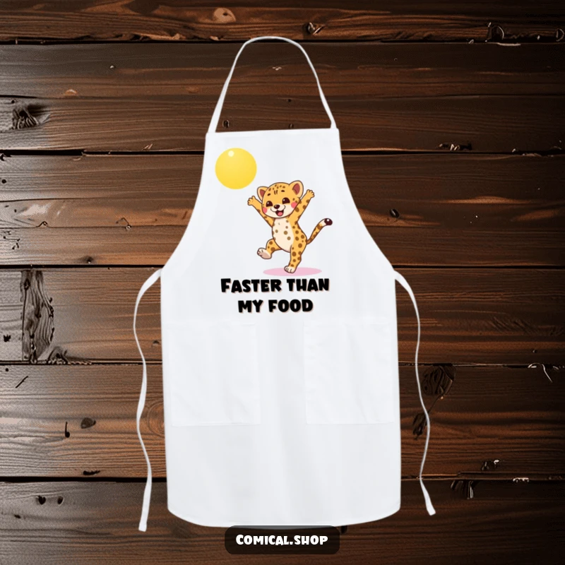 Funny cheetah cub apron, mid-cartwheel while cooking, under a sunny sky, bringing athletic cheer and playful vibes to the kitchen.