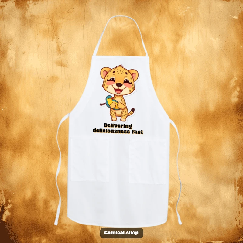 Funny cheetah apron illustrating a smiling cheetah carrying a small, colorful bird, perfect for adding humor to cooking.