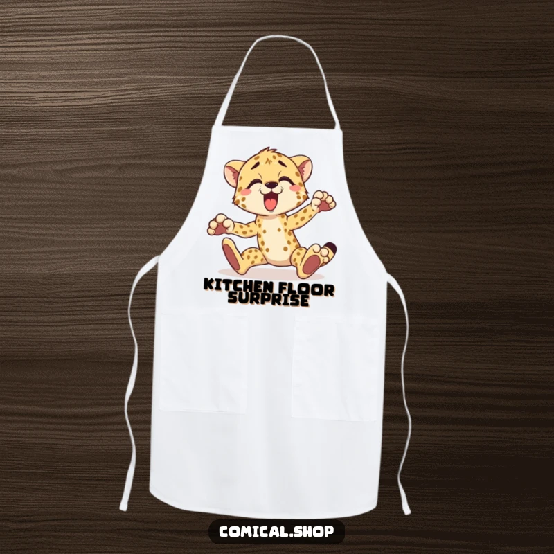 Funny cheetah apron showing a surprised cheetah tripping over its paws, great for cooking and baking.