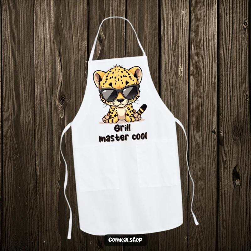 Funny cheetah cub apron showing a cool cub wearing oversized sunglasses, great for cooking and baking.