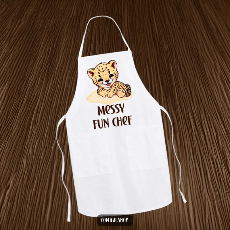Funny Cheetah Cub Apron: A fun apron featuring a cheetah cub gleefully rolling in the sand, ready for kitchen adventures.