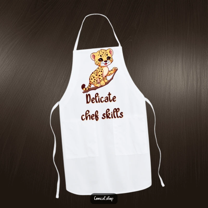 Funny Cheetah Cub Apron: Adorable spotted cub masterfully balances on a thin branch, ready to assist in the kitchen with grace.