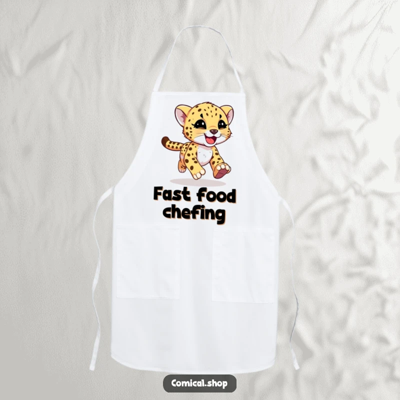 Funny cheetah cub with motion streaks running on a kitchen apron, adding Zest for screen readers.
