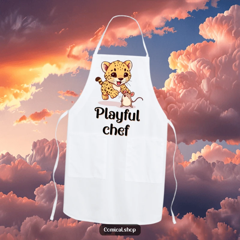 Funny cheetah cub excitedly pouncing on a bouncing toy mouse on an apron, ideal for cooks.