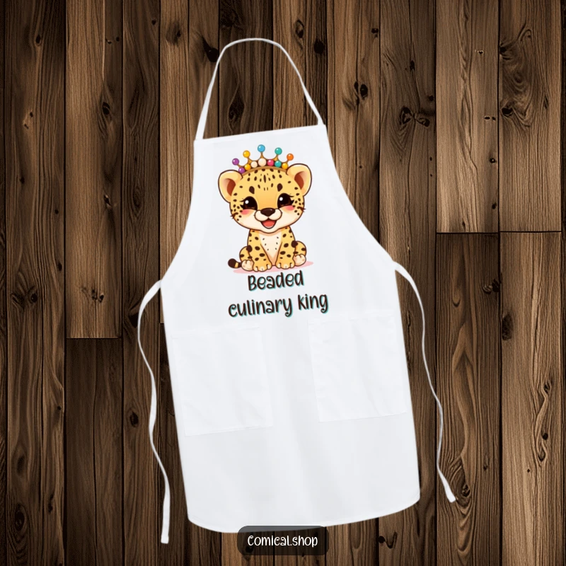 Funny giggling cheetah cub wearing a crown of colorful beads, on a durable apron, perfect for kitchen fun, a great funny gift.