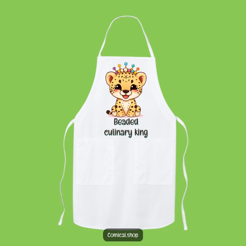 Funny Cheetah Cub Bead Crown Apron: Joyful Chef Design, Perfect Funny Gift