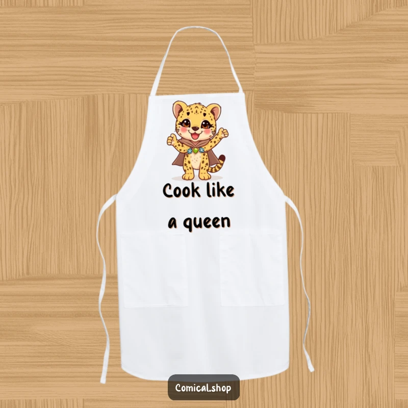 Funny cheetah cub in a dazzling sequined cape striking a triumphant pose, this apron adds sparkle to cooking.