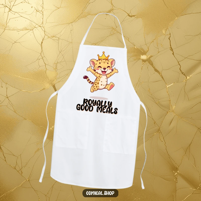 Funny cheetah cub apron showing a crowned cub doing a joyful leap, ready to cook.