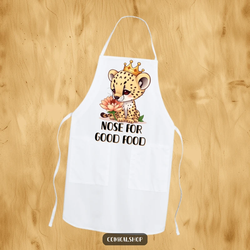 Funny curious cheetah cub wearing a tiny crown, sniffing a giant flower, on a durable apron, perfect for kitchen exploration, a great funny gift.