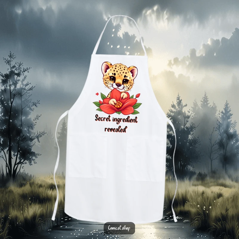 Funny apron showing a cheetah cub playfully peeking from behind a bright red flower, adding a whimsical touch to kitchen wear.