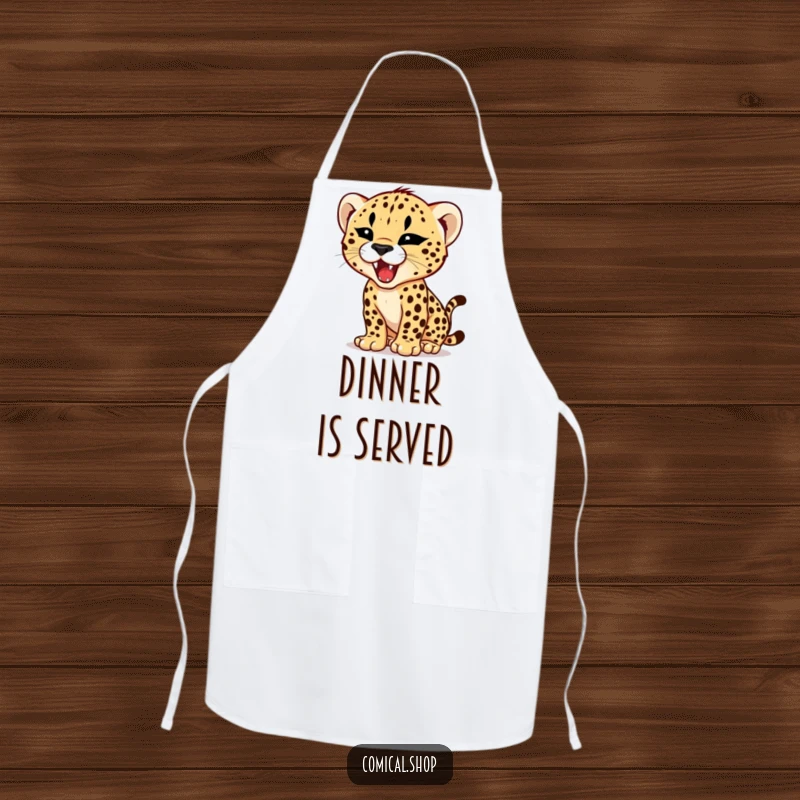 Funny apron showcasing a cheetah cub practicing its roar with a tiny, fierce expression, bringing humorous ferocity to the kitchen.