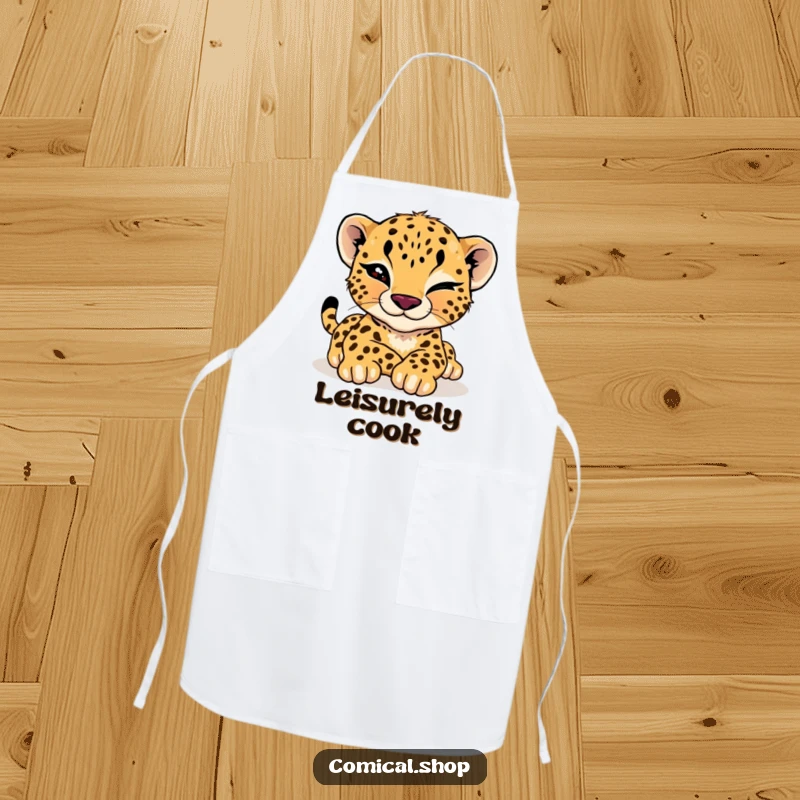 Funny cheetah cub apron showing a cool cub giving a wink while stretching, perfect for a stylish cook.