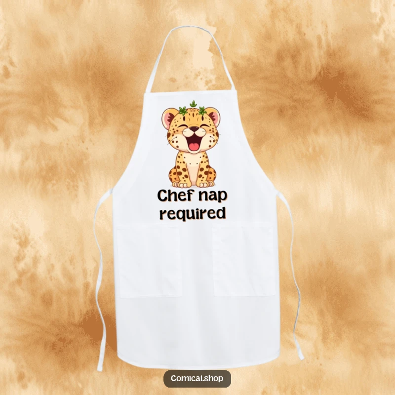 Funny Cheetah Cub Apron: A small crowned cheetah cub yawns widely, ready to oversee the kitchen with sleepy, victorious authority.