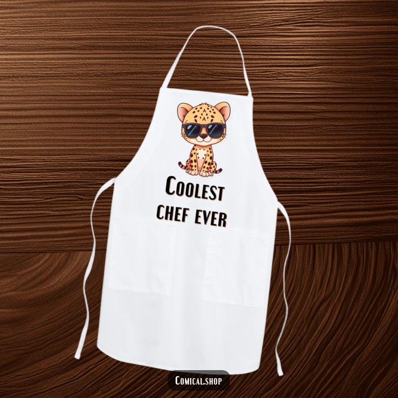 Funny kawaii cheetah wearing sunglasses, posing confidently on an apron, ideal for cooks.