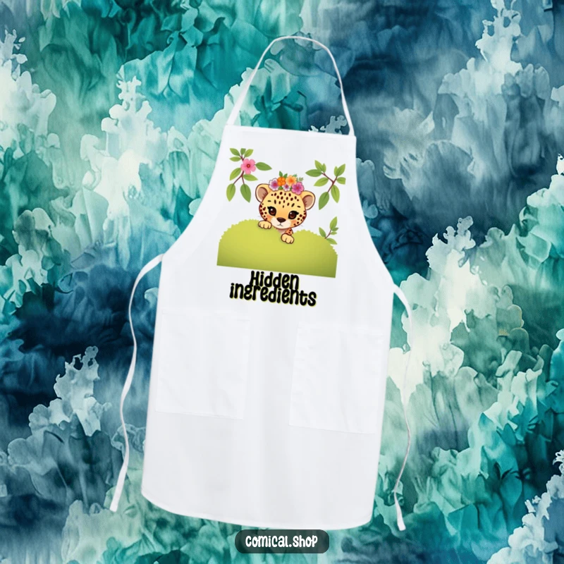 Funny mischievous cheetah cub wearing a floral crown peeking, this apron brings playful humor to cooking.