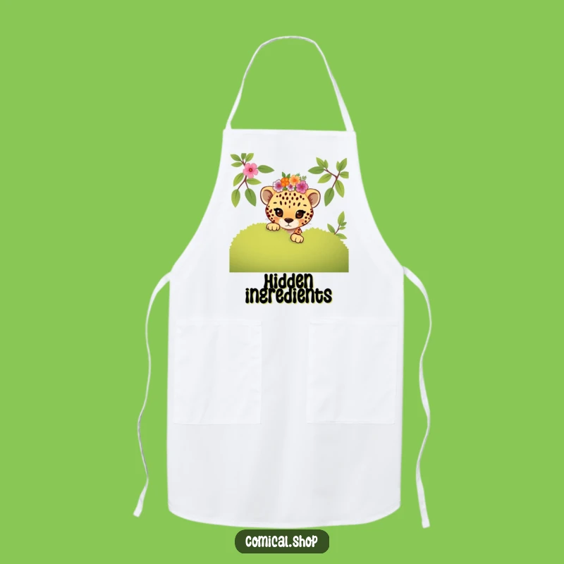 Funny Mischievous Cheetah Cub Floral Apron: Playful Kitchen Gift