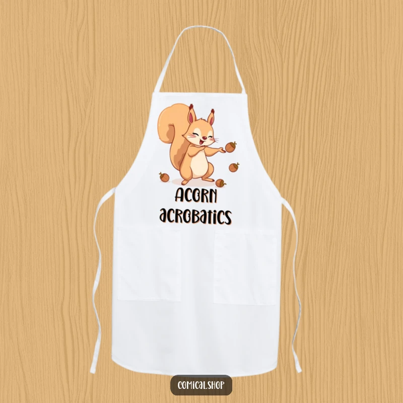 Funny apron illustrating a skilled squirrel juggling acorns with its tail, perfect for a playful cook.