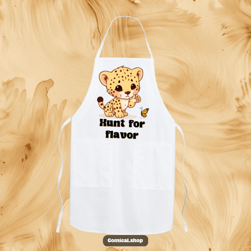 Funny apron showing a cheetah cub comically poised to pounce on a butterfly while cooking, bringing playful energy to the kitchen.