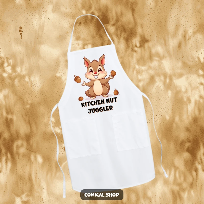 Funny apron showing a grinning squirrel expertly juggling acorns, perfect for a playful chef in the kitchen.