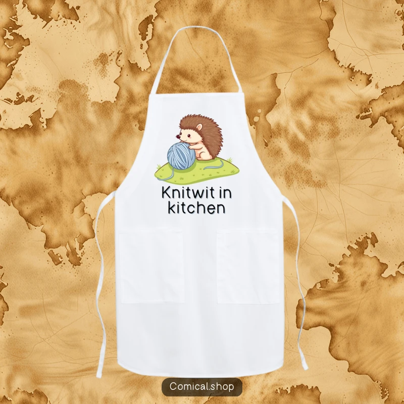 Funny apron displaying a small hedgehog determinedly rolling a large ball of yarn, perfect for crafty kitchen tasks.