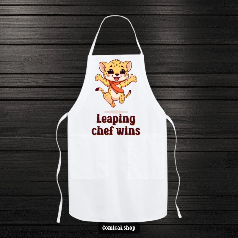 Funny happy cheetah cub wearing a sash, performing a graceful leap, on a durable apron, adding flair to cooking, a great funny gift.