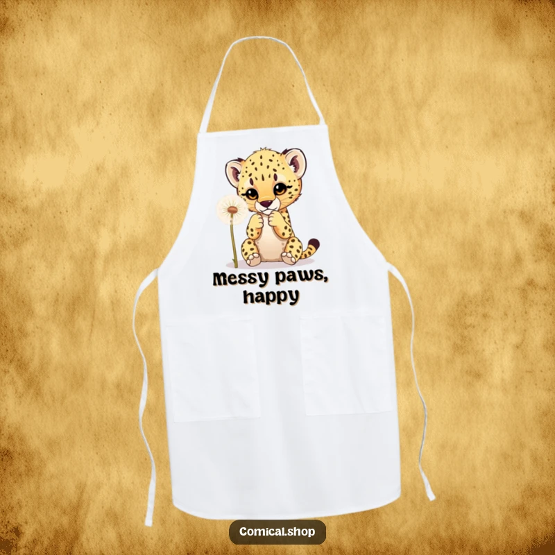 Funny apron depicting a cheetah cub playfully batting at a dandelion, perfect for bakers who enjoy cute and humorous kitchen wear.