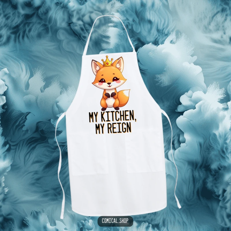 Funny Fox Crown Apron featuring a cute fox wearing a tiny crown, striking a playful pose, perfect for cooking.