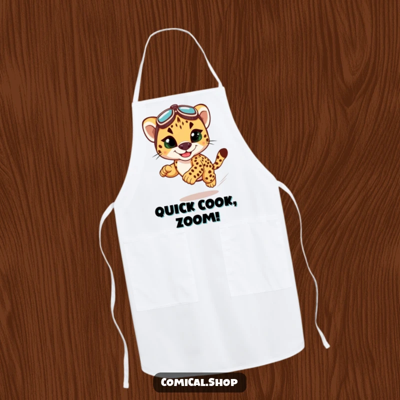 Funny cheetah cub racing apron, perfect for chefs who want to add humor and speed to their kitchen attire.