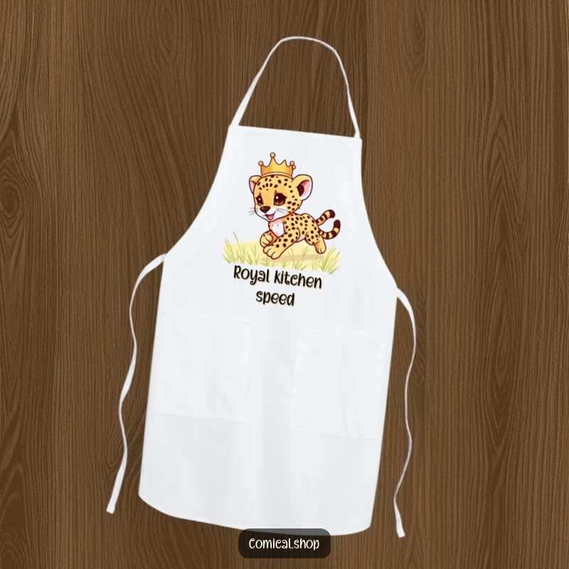 Funny cheetah cub wearing a crown, zooming playfully, on a durable apron, perfect for cooking and kitchen fun, a great funny gift.