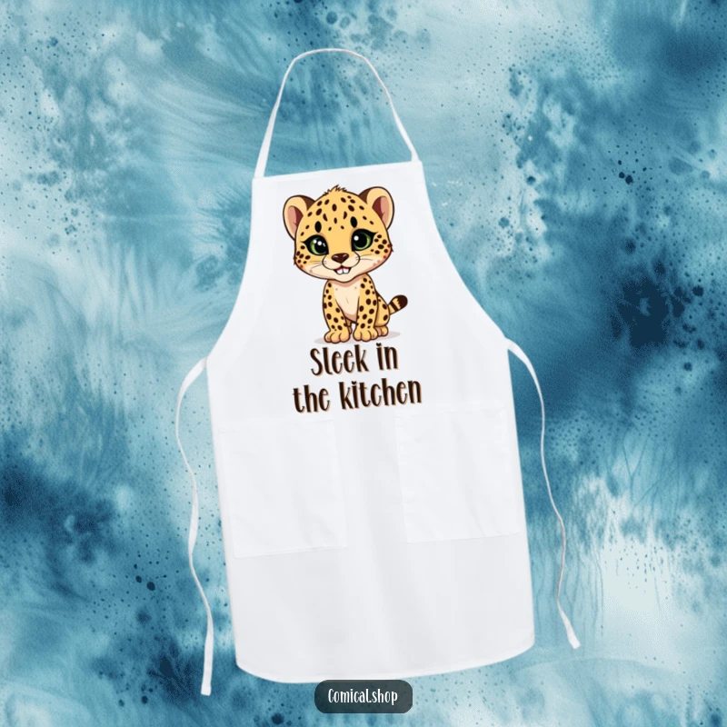 Funny cheetah cub striking a sleek, stylish pose with a confident grin, a humorous and practical apron for stylish cooks.