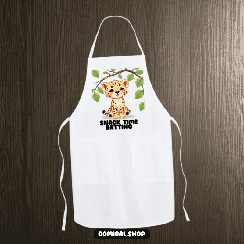 Funny cheetah cub apron showing a playful cub batting at a vine, perfect for a fun-loving cook or baker.