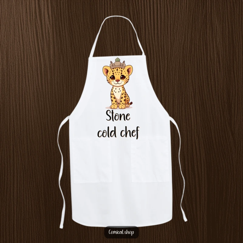 Funny proud cheetah cub wearing a stone crown, standing tall, this apron brings regal charm to cooking.