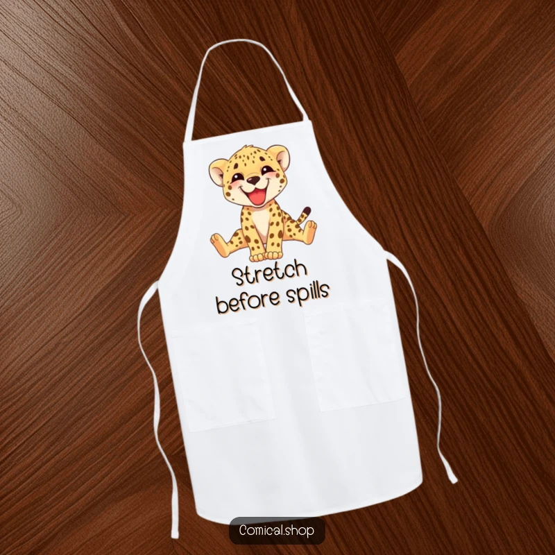 Funny cheetah cub apron, a happy cub grinning and stretching its legs, ready for kitchen adventures. A playful gift.