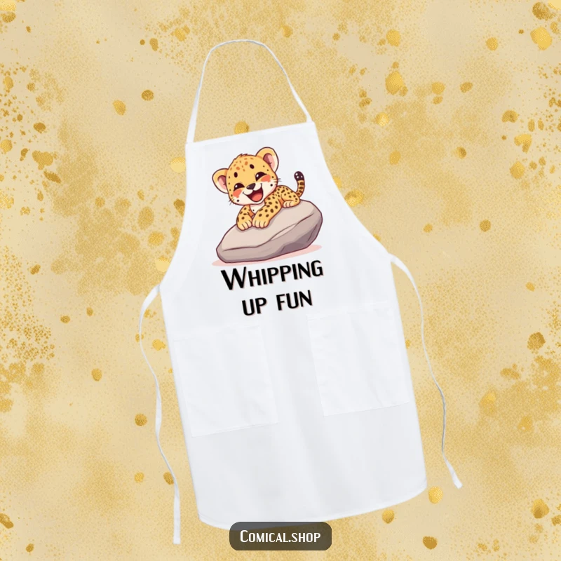 Funny apron illustrating a cheetah cub sliding down a rock with a happy yelp, bringing playful energy to cooking tasks.