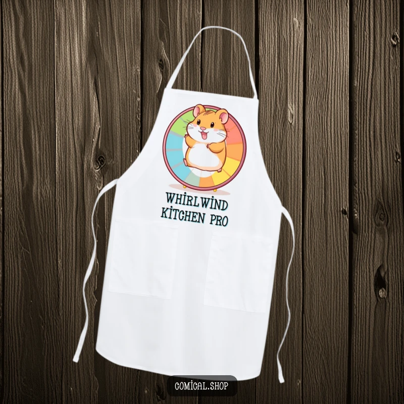 Funny apron illustrating a happy hamster running vigorously on a bright wheel, ideal for a playful cook.