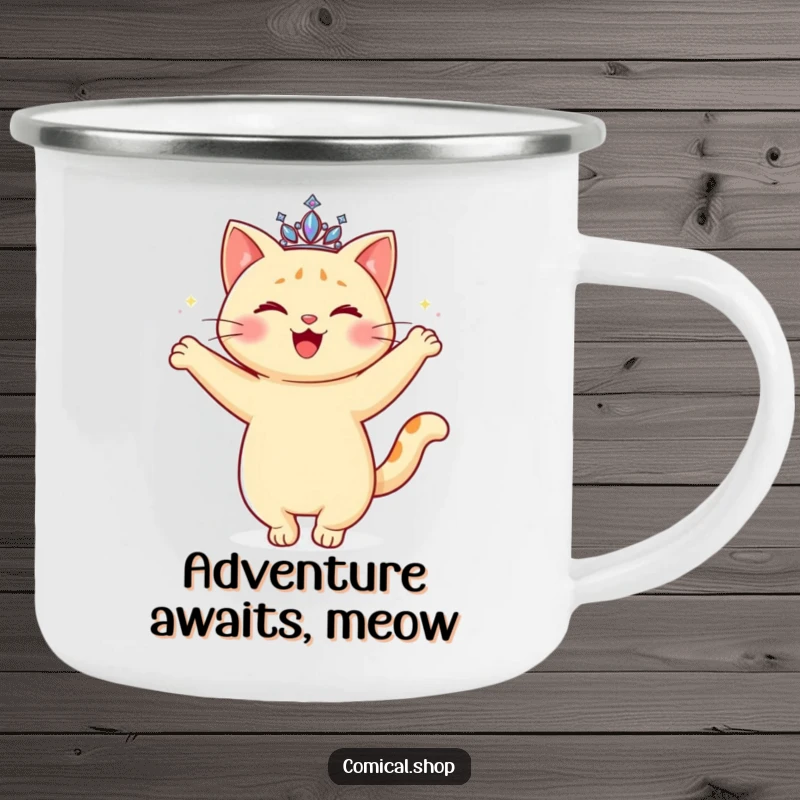 Funny Cat Tiara Camping Mug featuring a happy cat with a sparkling tiara, doing a graceful twirl, for outdoor use.