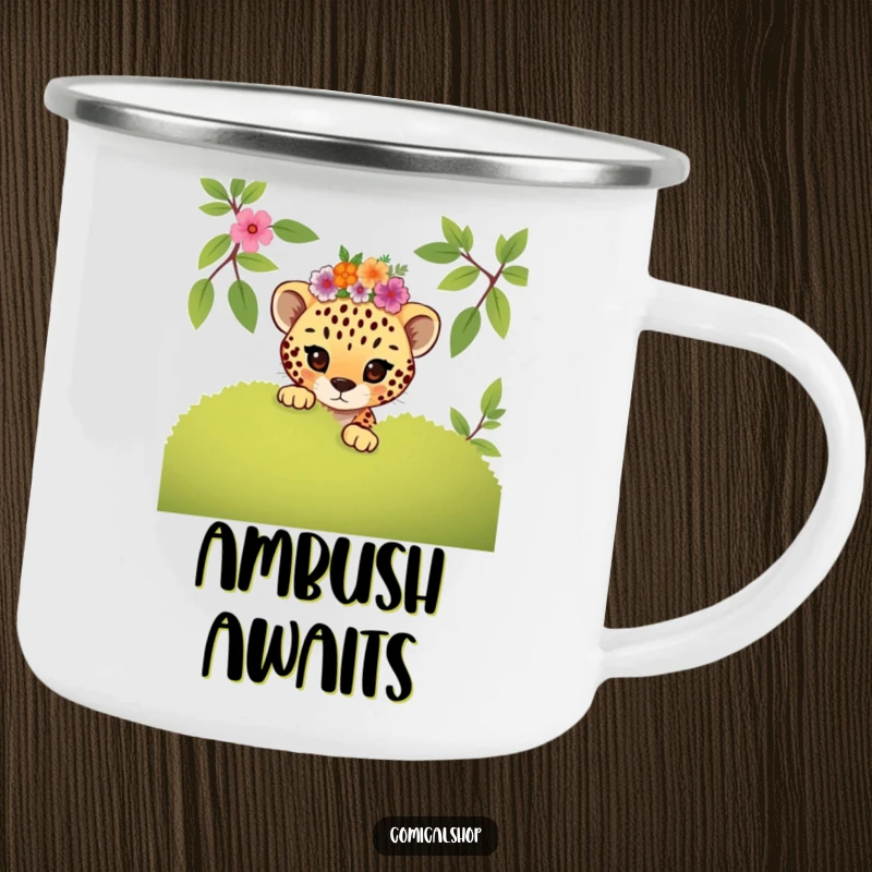 Funny mischievous cheetah cub in a floral crown peeking, this camping mug adds playful charm to adventures.