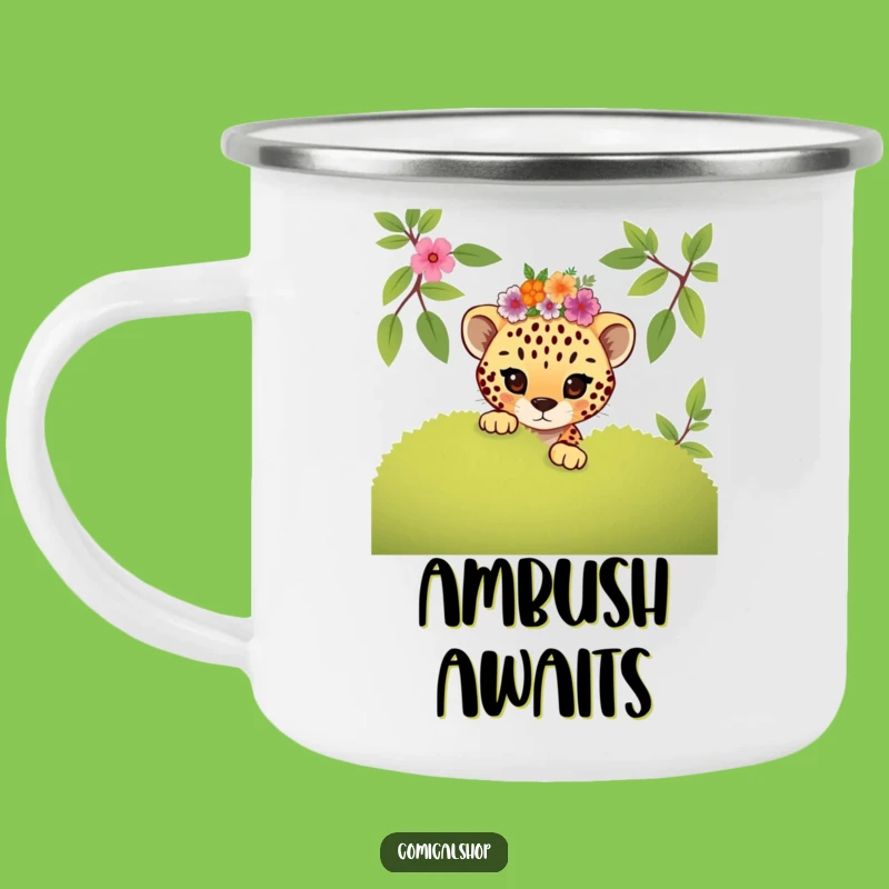 Funny Mischievous Cheetah Cub Floral Camping Mug: Playful Outdoor Gift