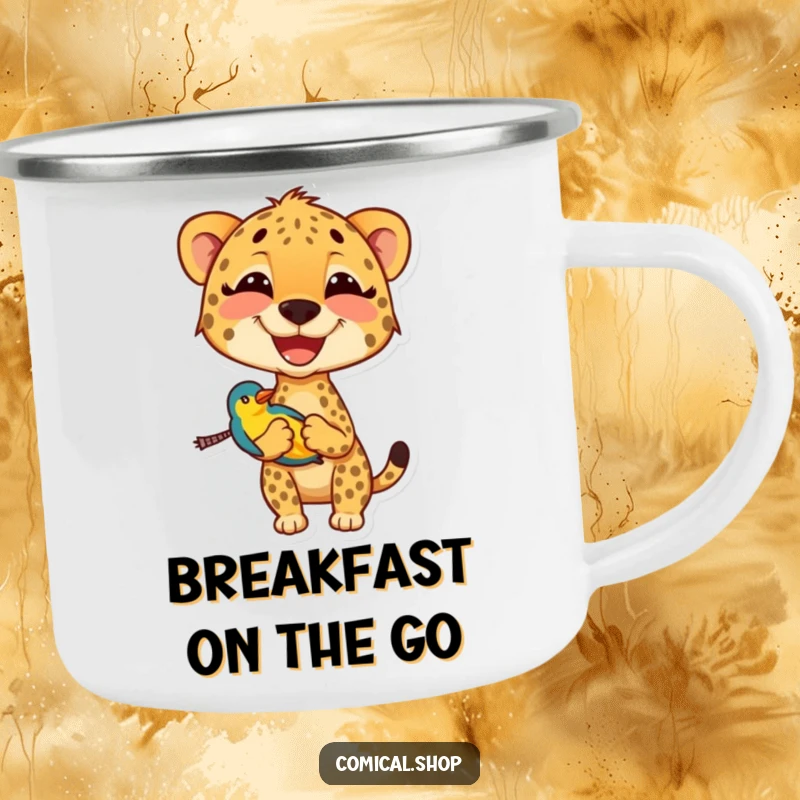 Funny cheetah camping mug featuring a wide-smiling cheetah carrying a small, colorful bird, built for fun adventures.