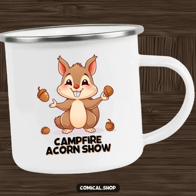 Funny camping mug featuring a grinning squirrel juggling acorns, perfect for enjoying drinks in the great outdoors.