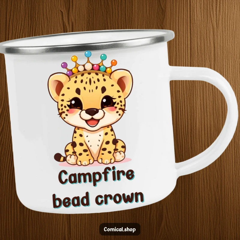 Funny giggling cheetah cub wearing a crown of colorful beads, on a sturdy camping mug, for joyful adventures, a funny gift.