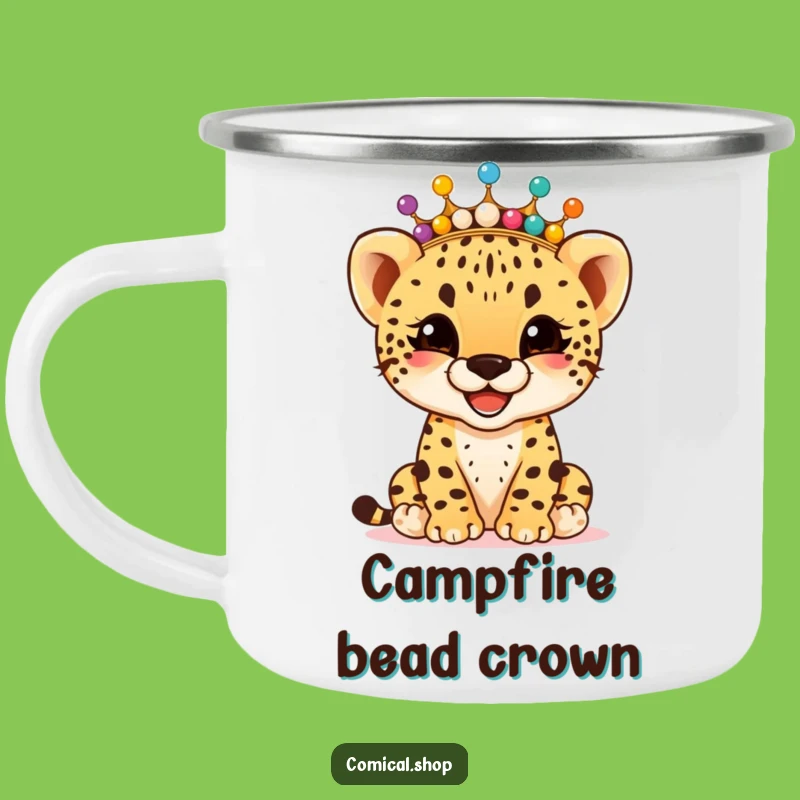 Funny Cheetah Cub Bead Crown Camping Mug: Joyful Explorer Drinkware, Perfect Funny Gift