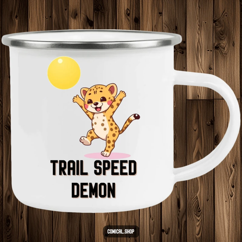 Funny cheetah cub camping mug, joyfully cartwheeling under the sun, perfect for outdoor adventures and adding humor to your brew.