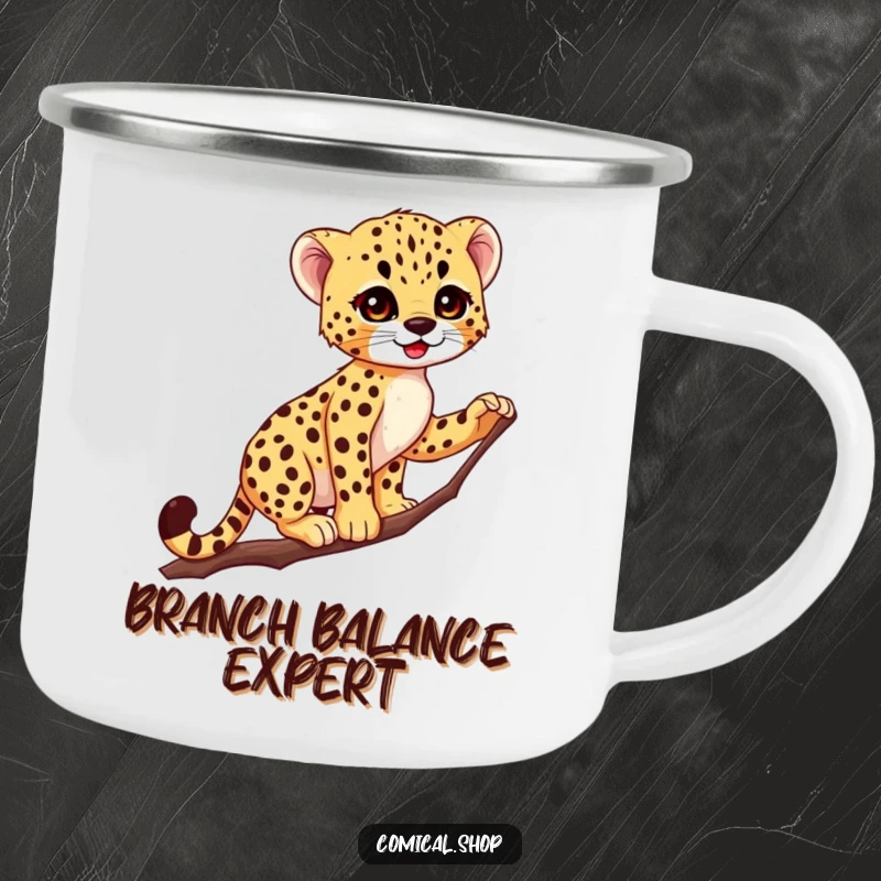 Funny Cheetah Cub Camping Mug: Cute spotted cub balances on a thin branch, perfect for enjoying beverages outdoors with style.